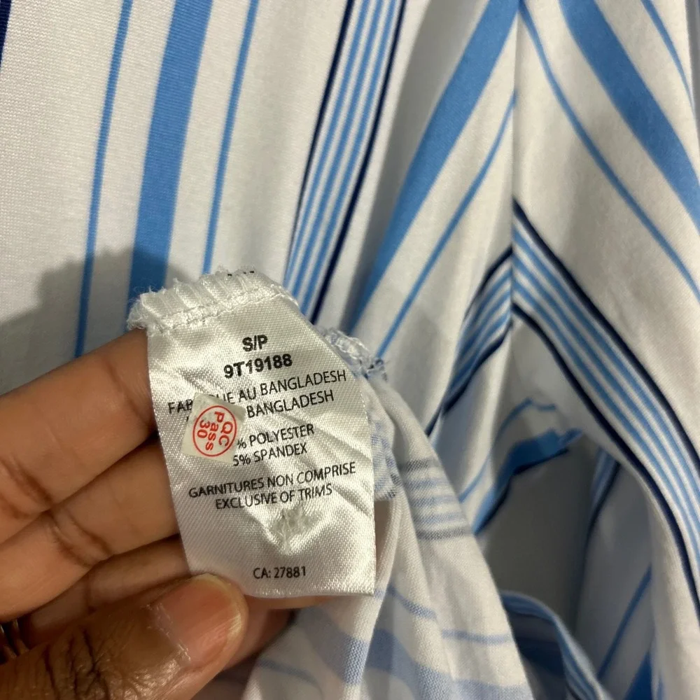 Striped Button Down Shirt Blue White Long Sleeve Drawstring Casual Womens - Picture 5 of 9